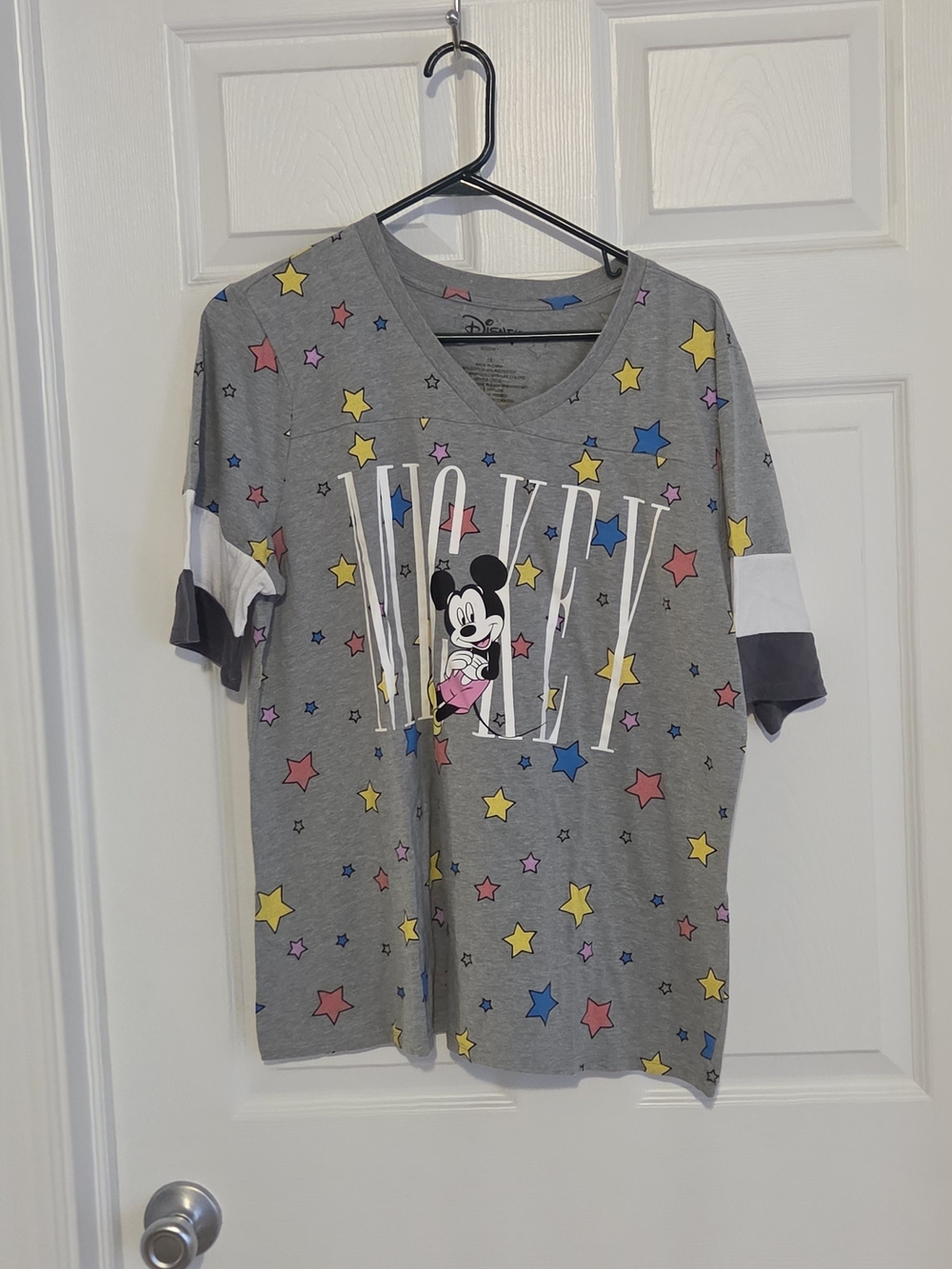 Disney Gray Mickey Graphic Tee with Colorful Stars